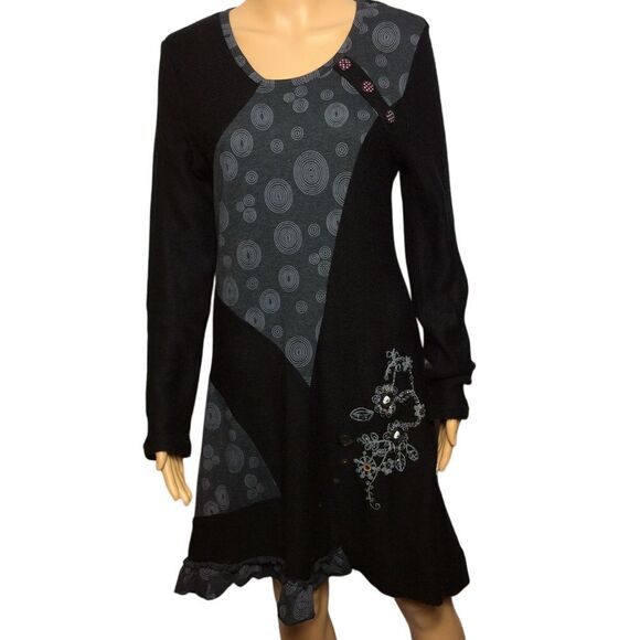 Dresses & Skirts - Artistic Black Knit Dress Size M Embroidery Buttons Beads Long Sleeve Whimsigoth